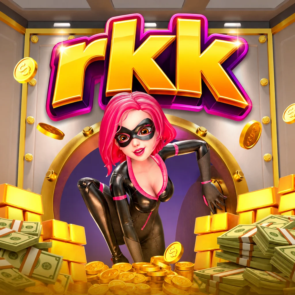 Logo rkk di atas karakter pencuri berambut merah muda di depan brankas emas dalam permainan Heist Stakes