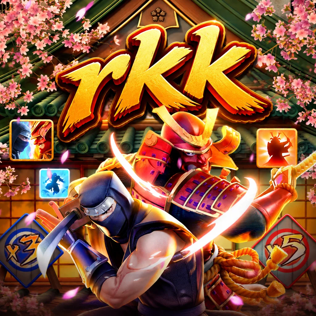 Logo rkk dengan karakter ninja dan samurai bersenjata pedang di bawah bunga sakura dalam permainan Ninja Vs Samurai